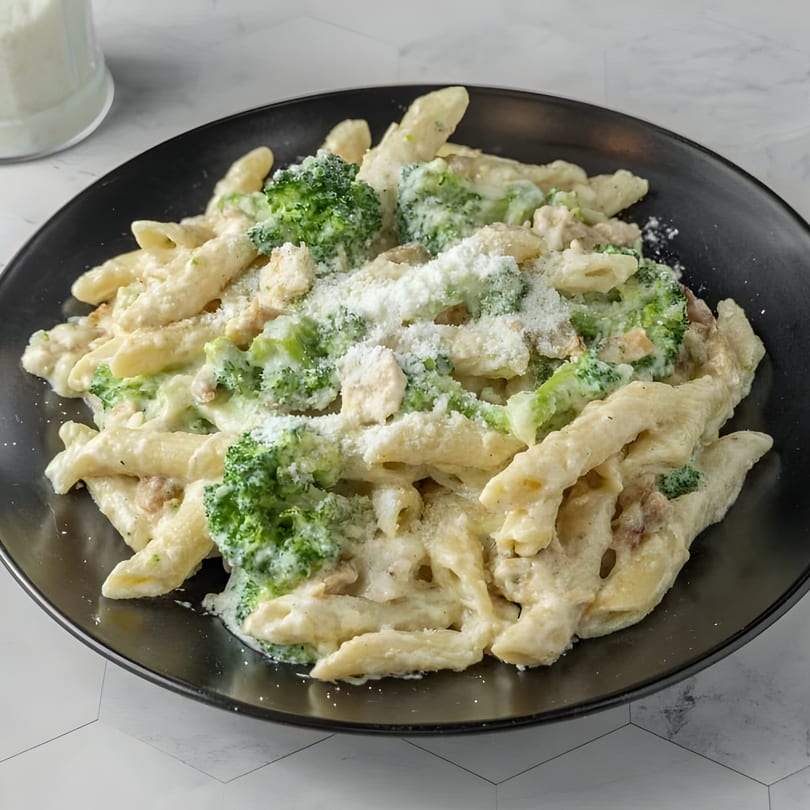 Creamy penne pasta with broccoli florets and grated Parmesan cheese on a black plate.